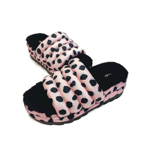 UGG Womens 8 Maxi Slide Cheetah Print Sheepskin Platform Slippers Pink Scallop - Picture 4 of 8